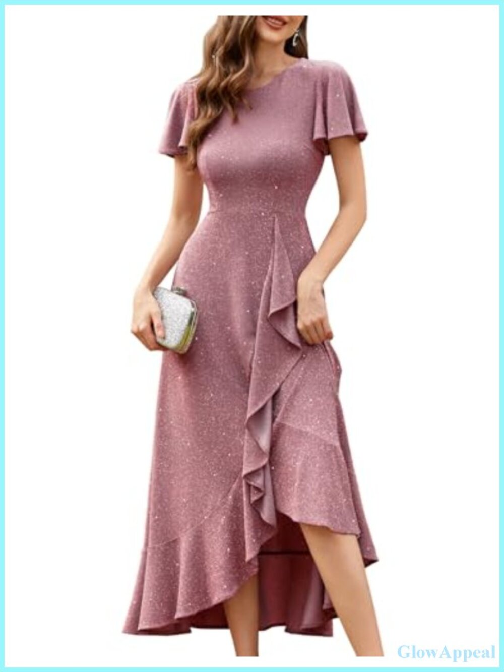 Sequin Formal Dress with High-Low Hem and Flutter Sleeves